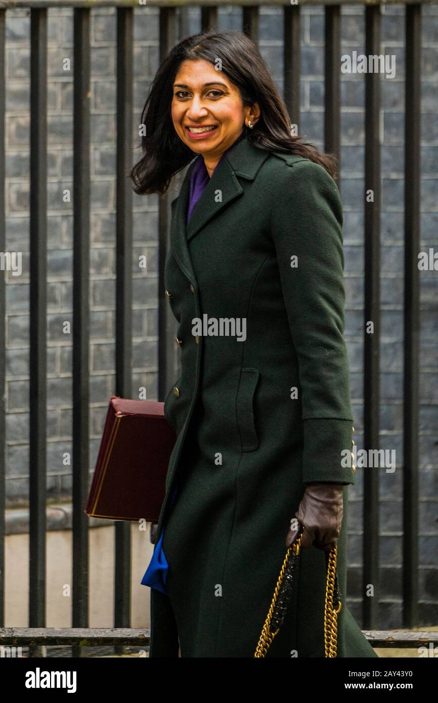 London, Großbritannien. Februar 2020. Suella Braverman MP wurde zur Generalstaatsanwältin ernannt - die Minister treffen nach der Umbesetzung von Boris Johnson, Downing Street, zur ersten Kabinettssitzung ein. Credit: Guy Bell/Alamy Live News Stockfoto