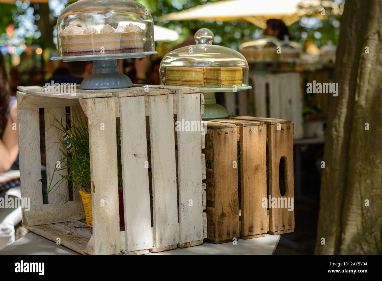 Moderne Massivholzmöbel im Landhausstil - Schaufenster aus Holzkiste Stockfoto