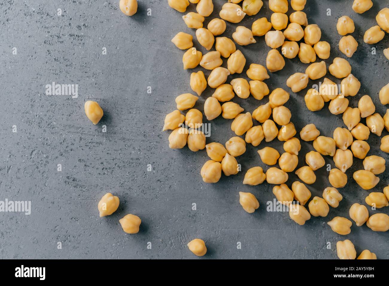 Pflanzenbasiertes Protein. Rohe frische Kichererbsen auf grauem Hintergrund. Organische Lebensmittel. Bereit zum Essen. Gesundes Ernährungskonzept. Zutat für vegetarisches Gericht Stockfoto