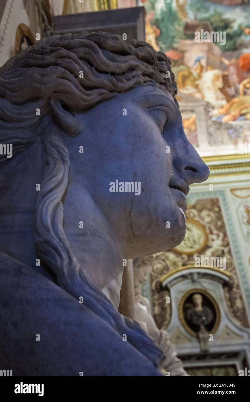 Ein großer Winkel in der Nähe einer Marmorbüste in der Borghese Galerie in Rom, Italien. Stockfoto