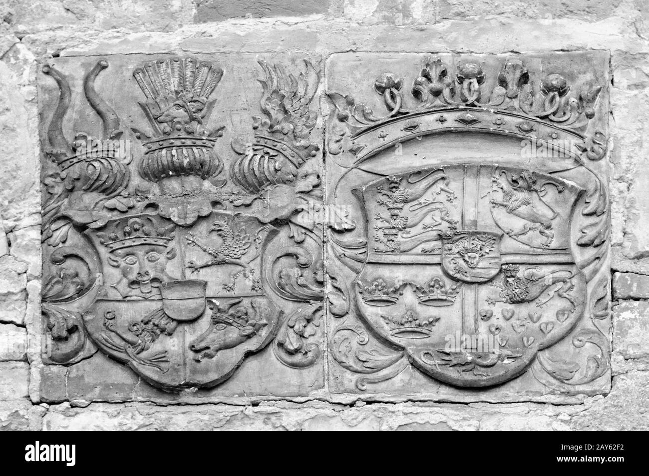 Dargun Wappen Steine bei der Burgbrauerei Deutschland schwarz-weiß Stockfoto