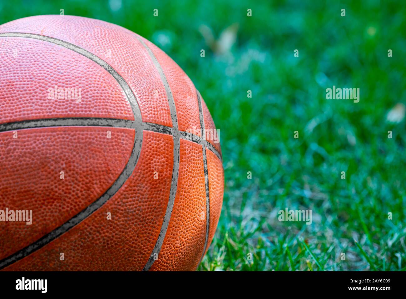 Basketballball im Garten über Gras Nahaufnahme Stockfoto