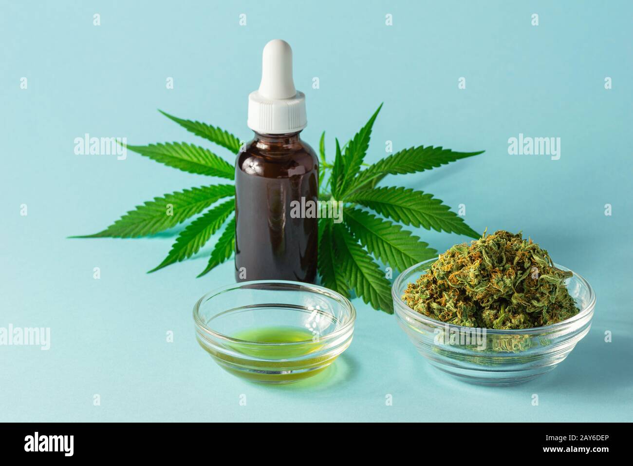 Glasflasche mit CBD- oder THC-Öl mit Hemp- oder Cannabis-Knospen, Öl- und Punktblättern auf Aqua-Blue-Hintergrund Stockfoto