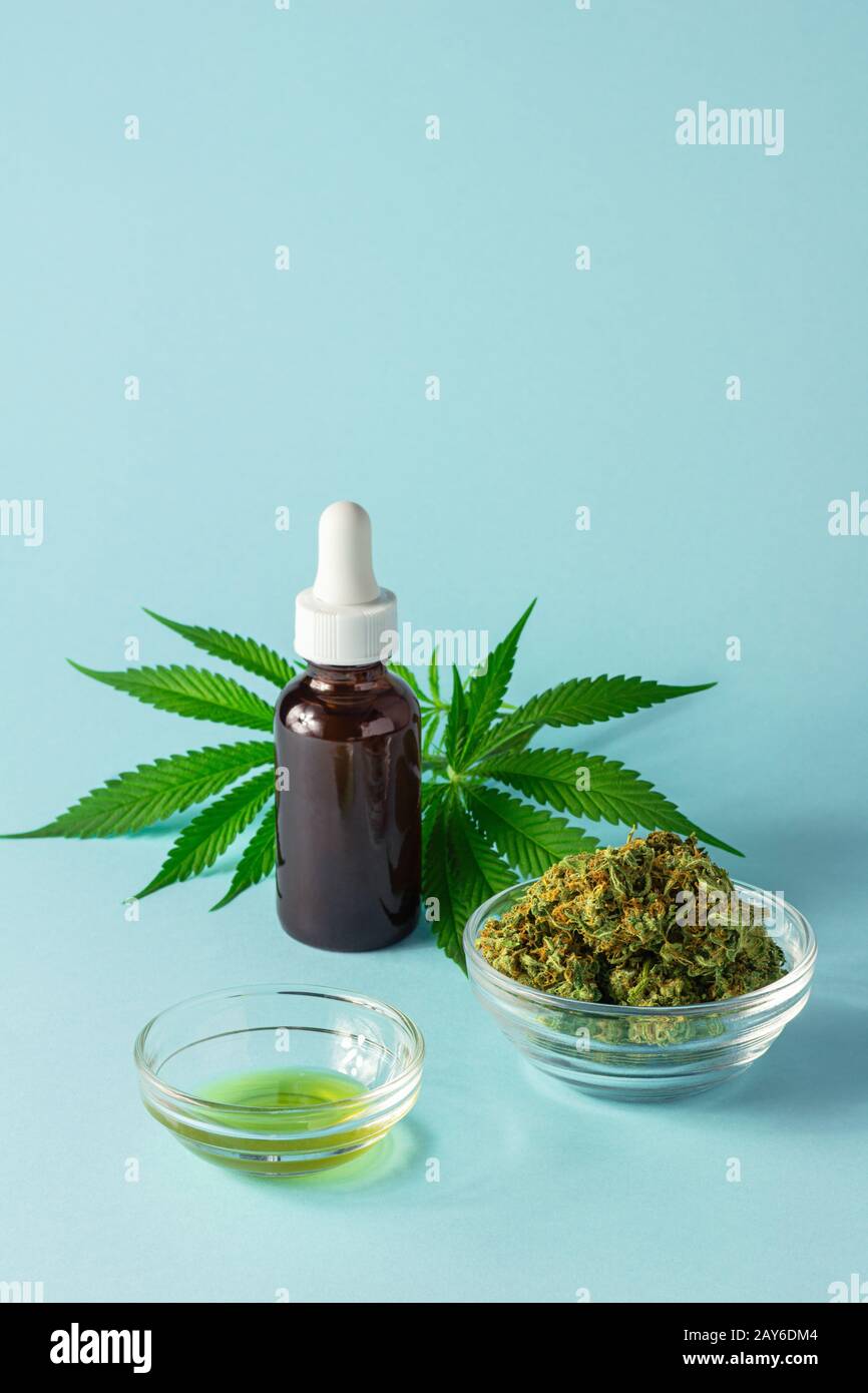 Glasflasche mit CBD- oder THC-Öl mit Hemp- oder Cannabis-Knospen, Öl- und Punktblättern auf Aqua-Blue-Hintergrund Stockfoto