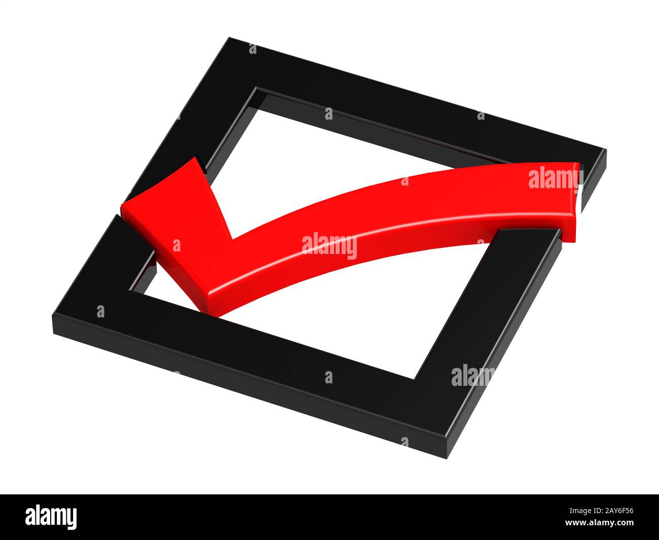 Rotes Häkchen mit schwarzen Quadrat Stockfoto