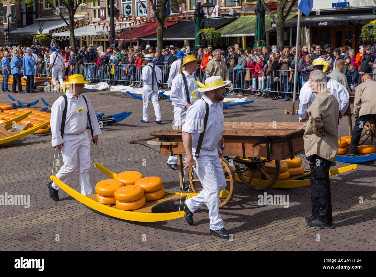 Alkmaar, Niederlande - 28. April 2017: Käseträger auf dem traditionellen Käsemarkt. Stockfoto