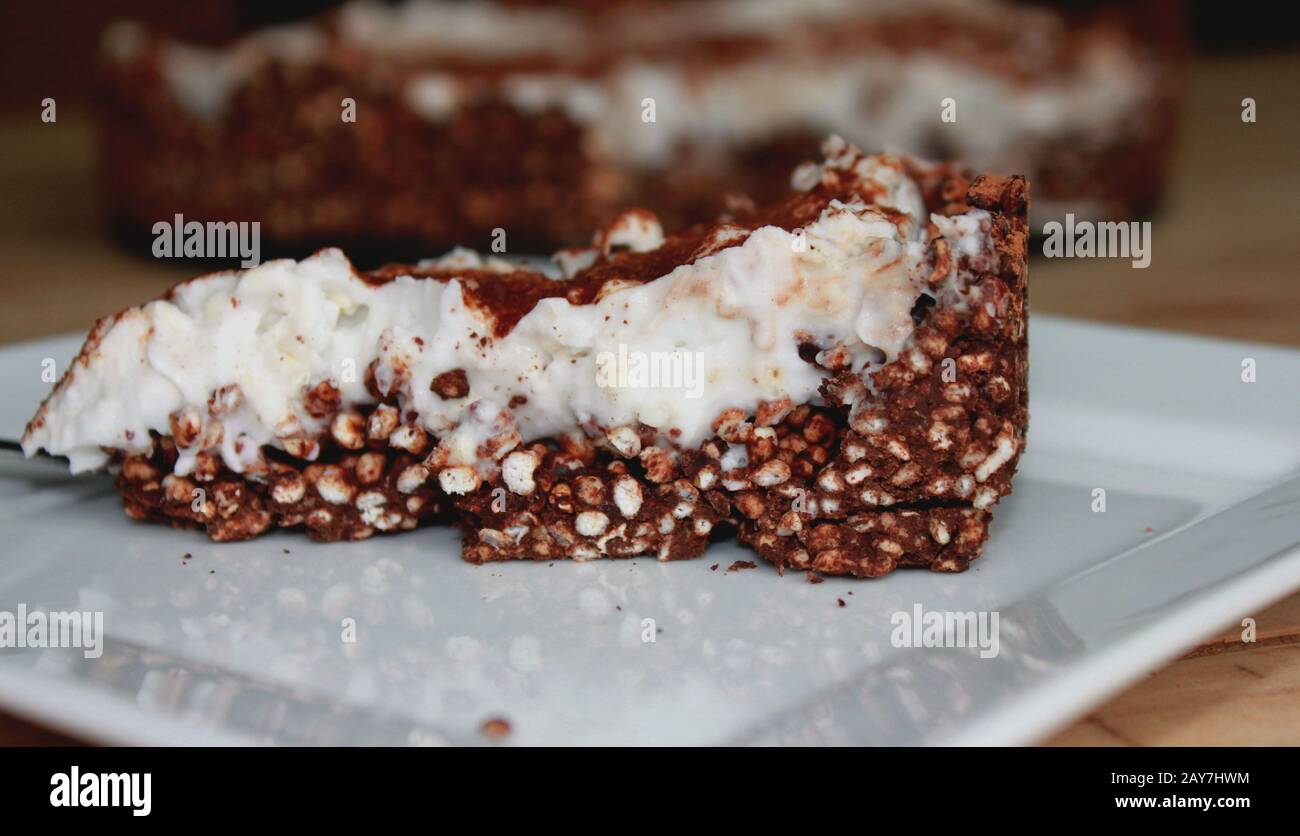 Kokoskuchen, Kuchen ohne Backen. Kuchen aus geschäumtem Reis mit Kokosmilch. Kalter Teig. Ein zart, cremiger Kuchen. Stockfoto