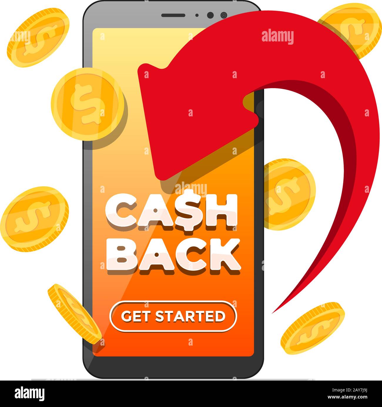 Konzept des Cashback-Treueprogramms. Pfeil zurückgegeben Goldmünzen und Cash-Back-Beschreibung auf Smartphone-Bildschirm. Rückerstattung Geld Service App. Mobile Banking Bonus Transaktion Anwendung Vektor Illustration Stock Vektor
