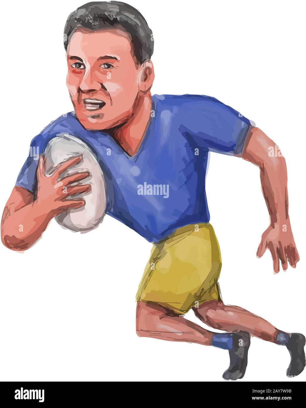 Rugby-Spieler laufen Ball Karikatur Stockfoto