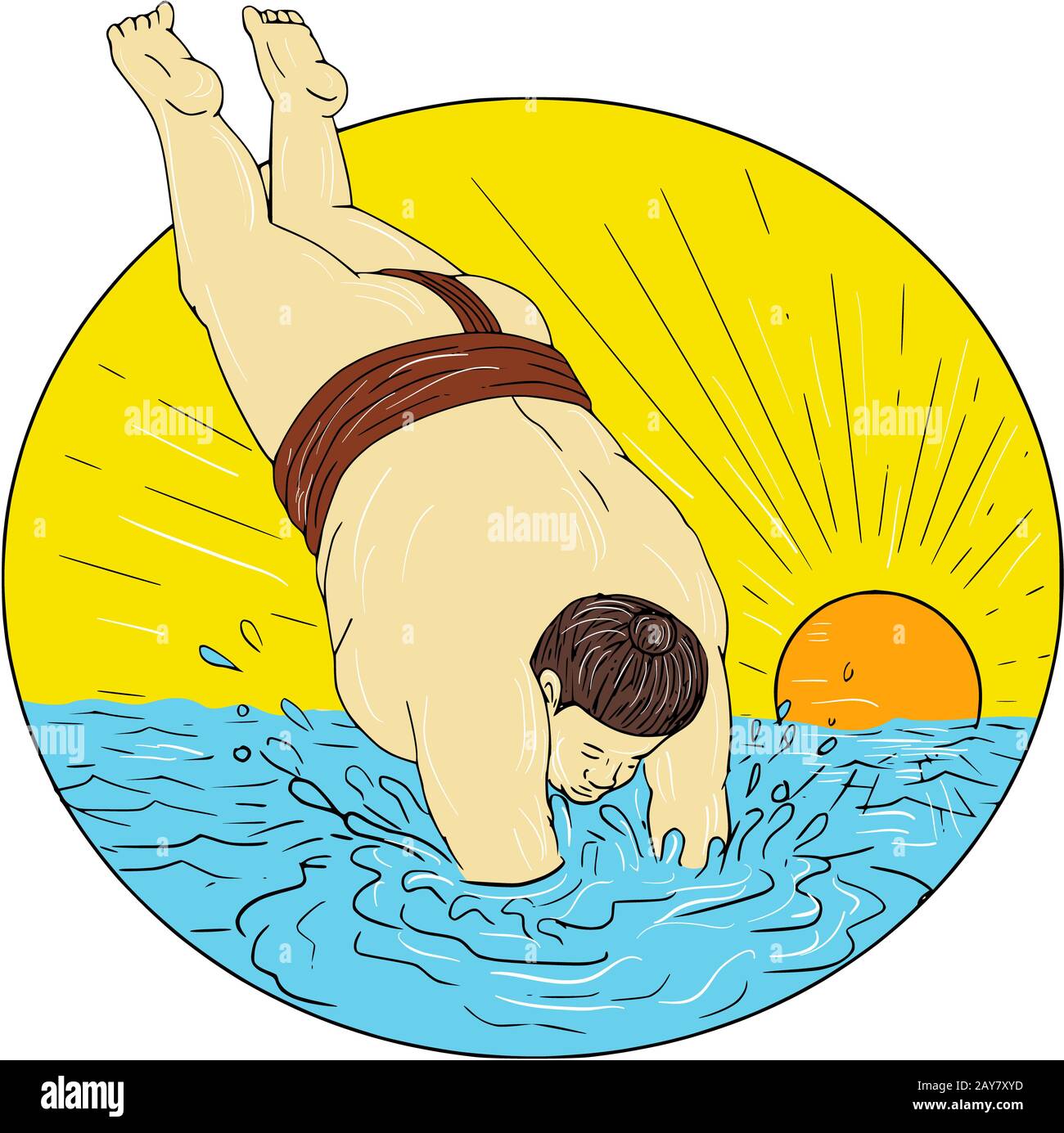 Japanische Sumo Ringer Tauchen Meer Sonnenuntergang Kreis Zeichnen Stockfotografie Alamy