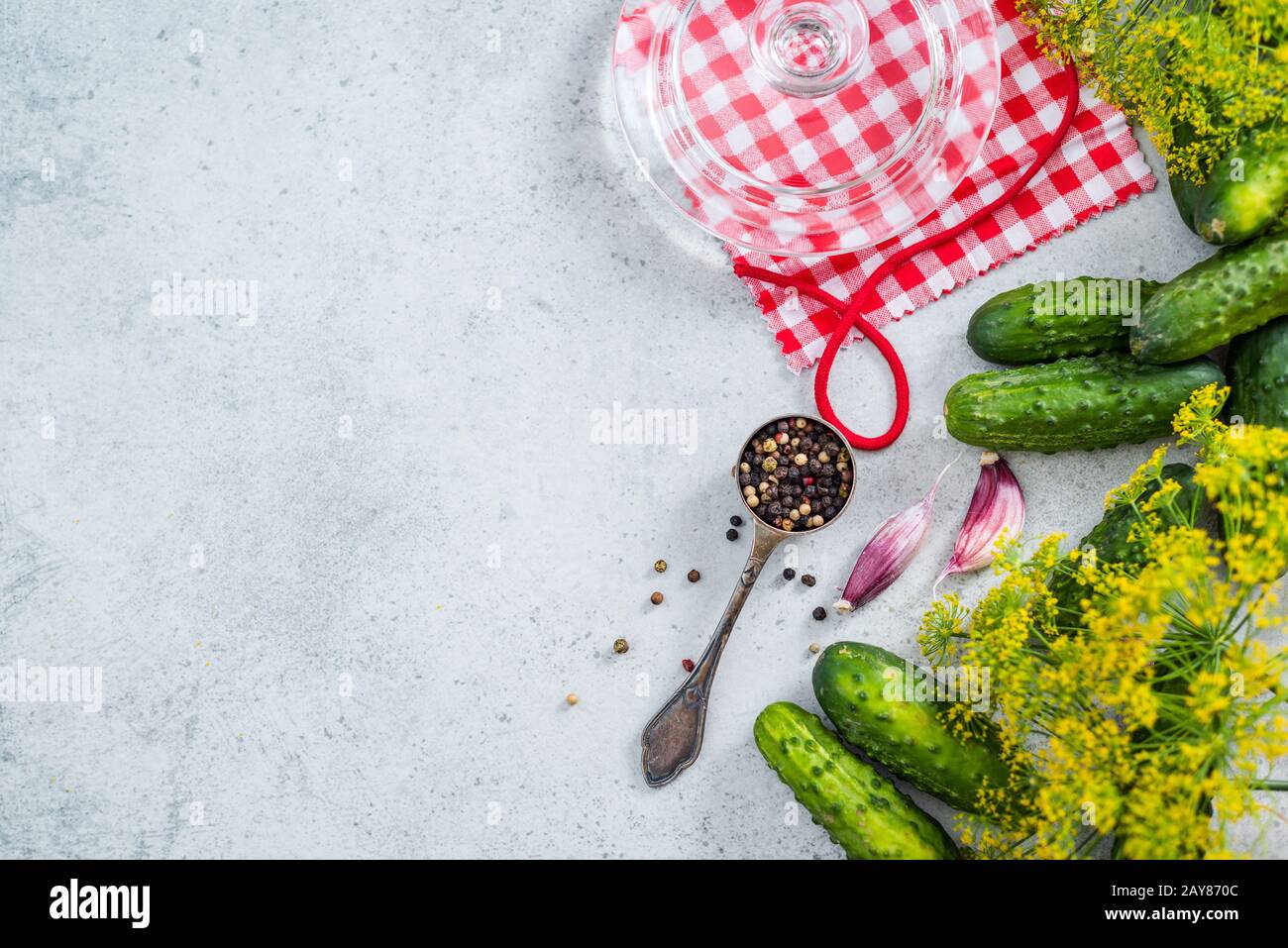 Eingepickter Gherkins Gurke flacher Laienrezept Hintergrund Stockfoto