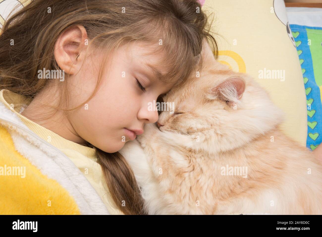 Ein Mädchen und eine Katze süß schlafen im Bett, einander begraben Stockfoto