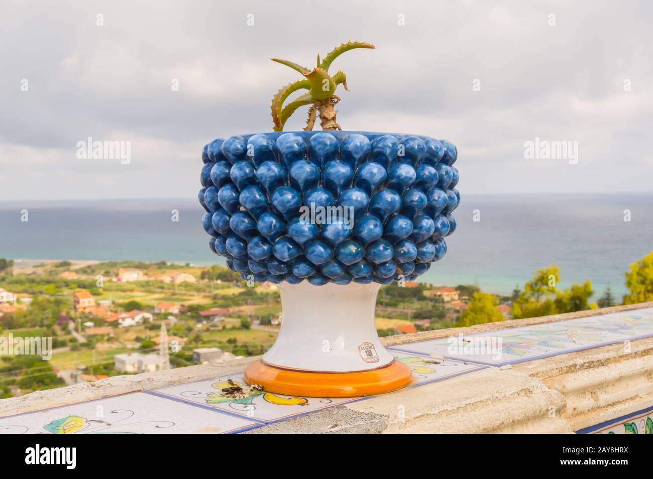 Topf aus Keramik Blumen in der Form eines halben Pinecone mit einem Kaktus Stockfoto