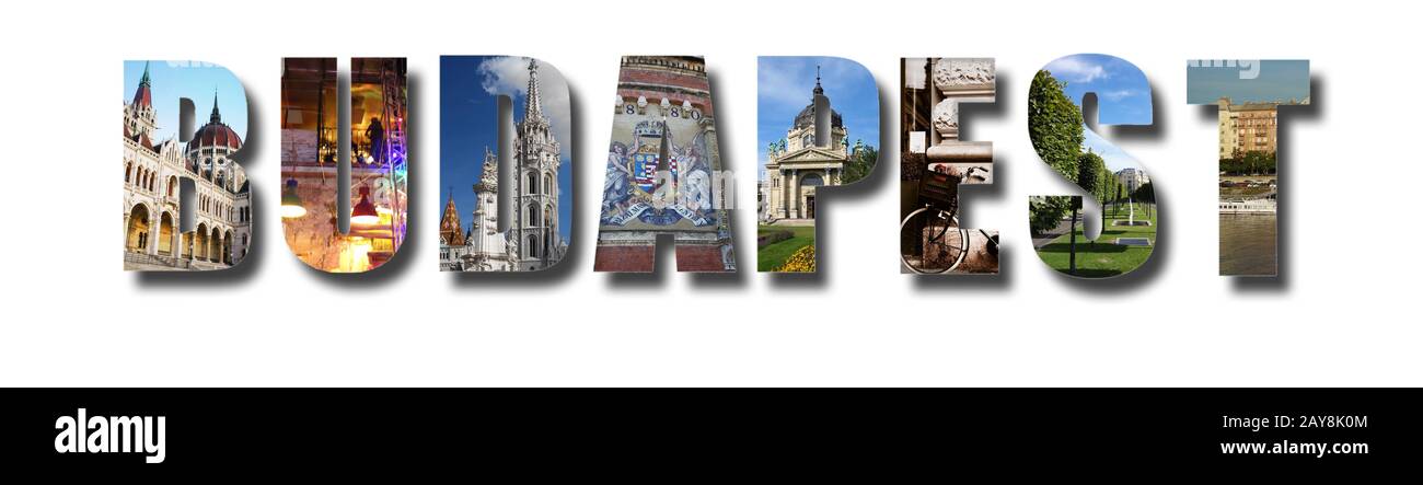 Budapester Banner-Collage auf Weiß Stockfoto