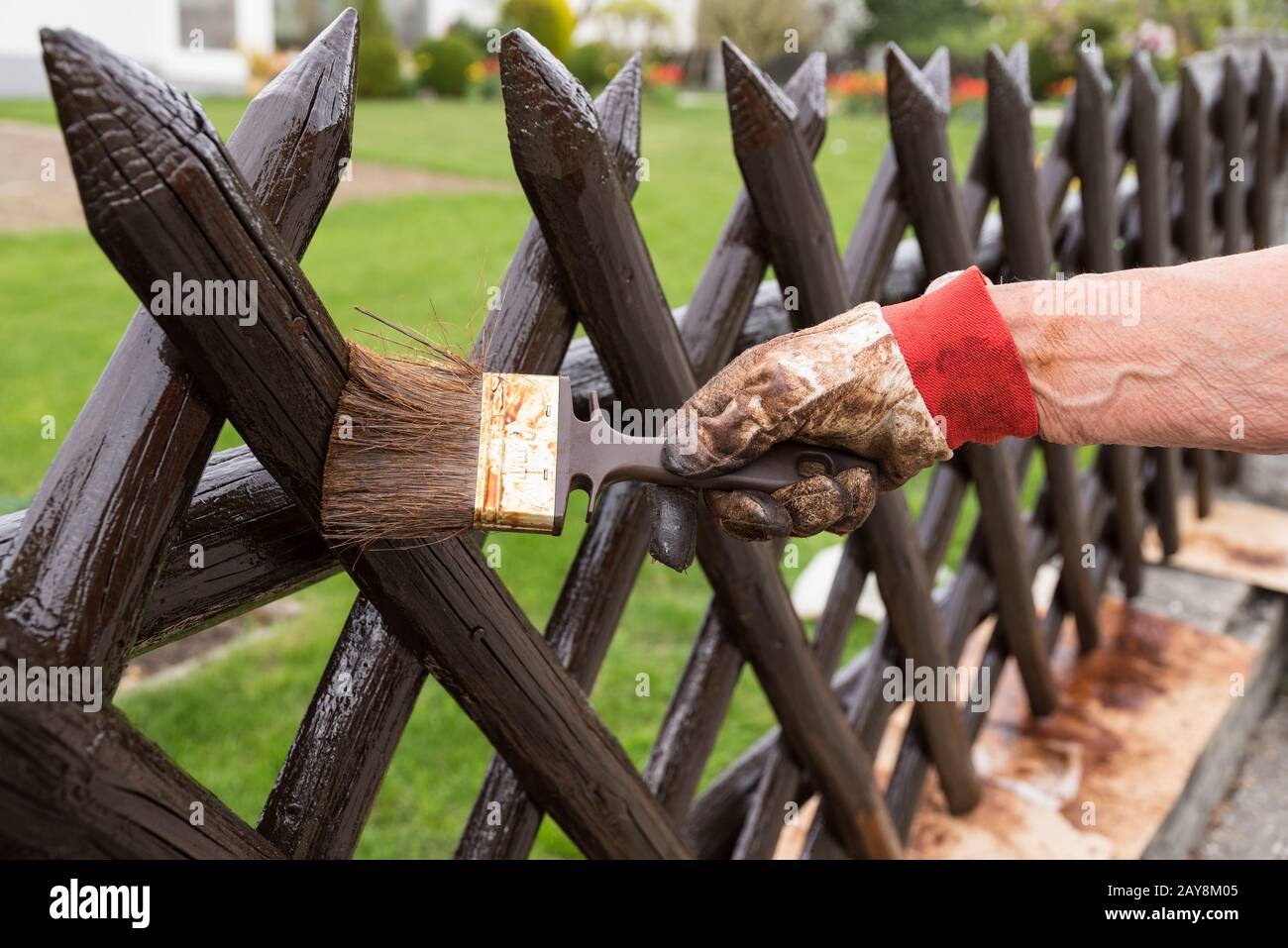 Person malt ihren Holzjäger-Zaun - Nahaufnahme Stockfoto