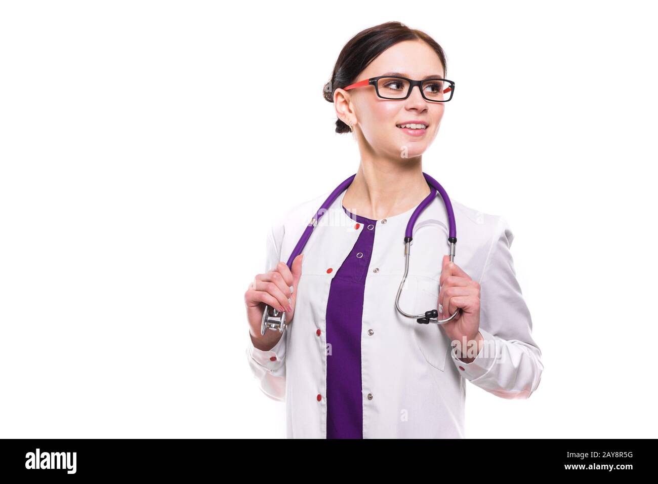 Junge schöne Frau Doktor auf weißem Hintergrund Stockfoto