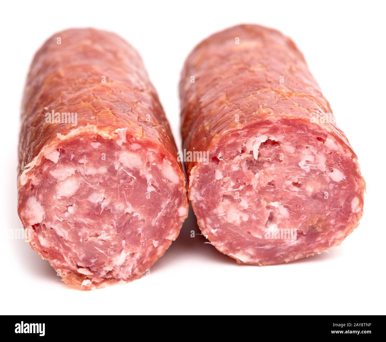 Salamiwurst auf Weiß Stockfoto