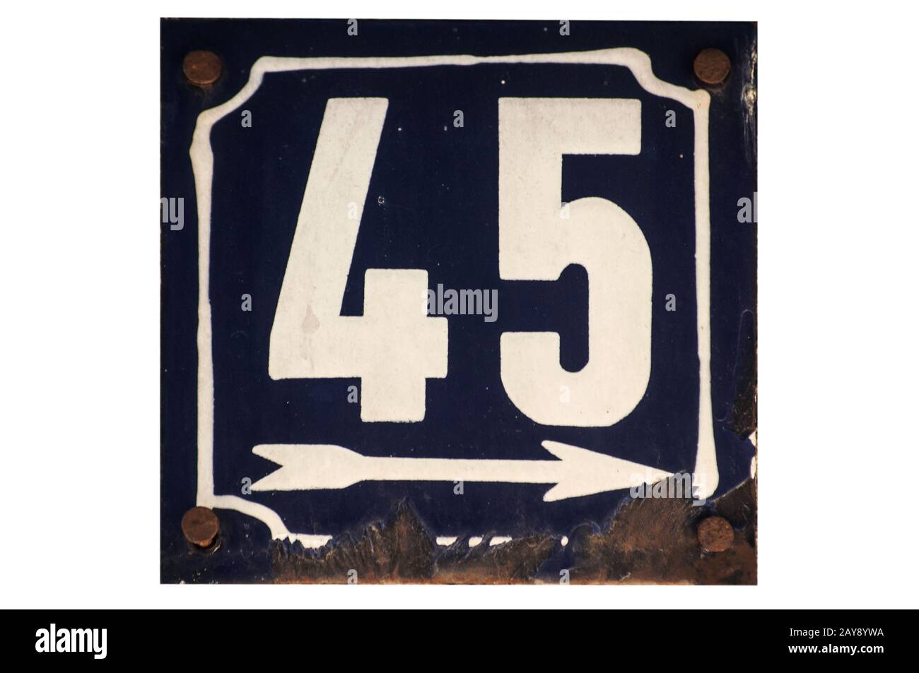 Verwitterte grunge square Metall emailliert Platte auf die Zahl der Straße mit der Nummer 45 Nahaufnahme Stockfoto