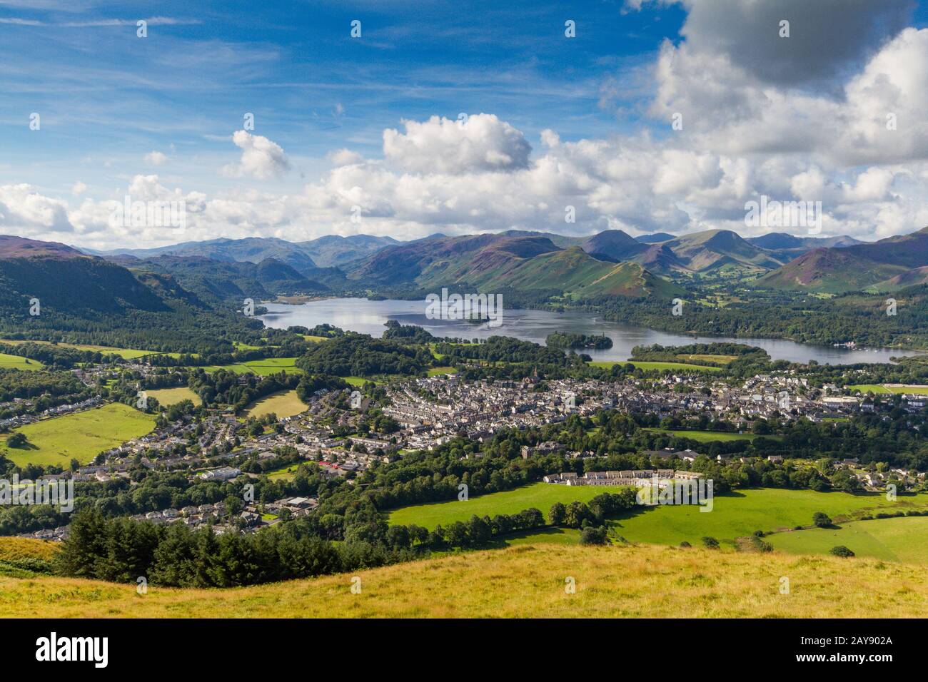 Blick auf Keswick und Derwent Water von Latrigg, Cumbria, Großbritannien Stockfoto