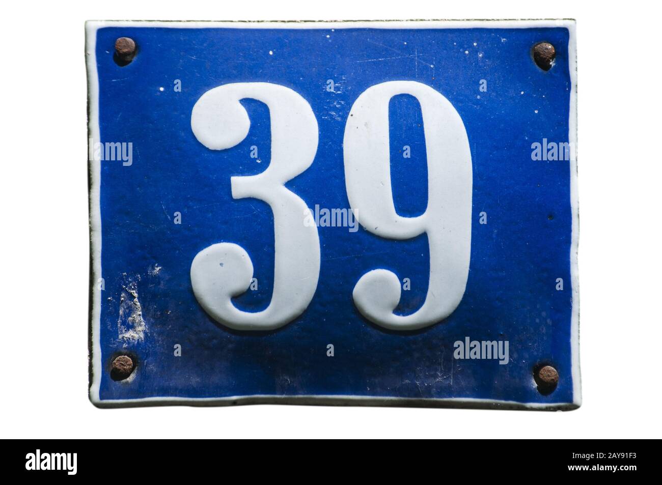 Verwitterte grunge square Metall emailliert Platte auf die Zahl der Straße mit der Nummer 39 Nahaufnahme Stockfoto