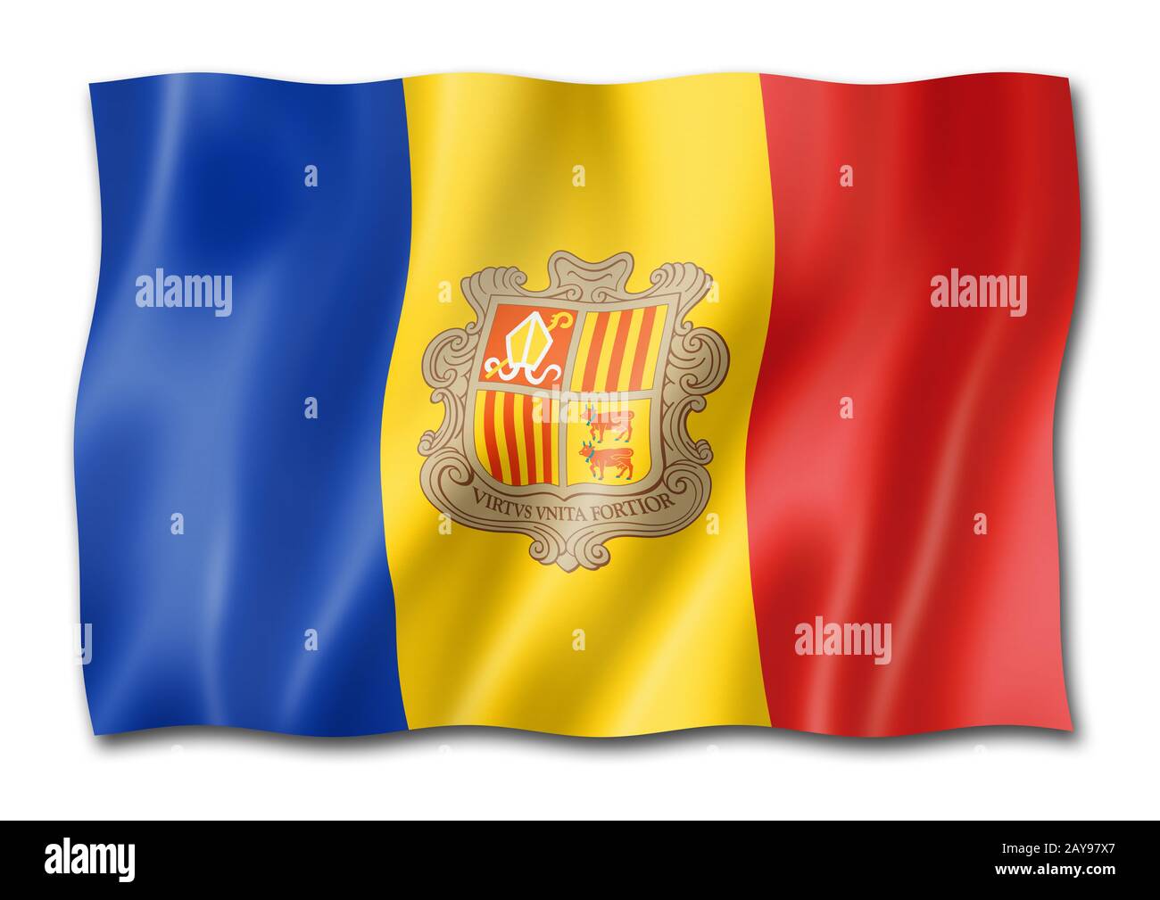 Andorranische Flagge isoliert auf Weiß Stockfoto
