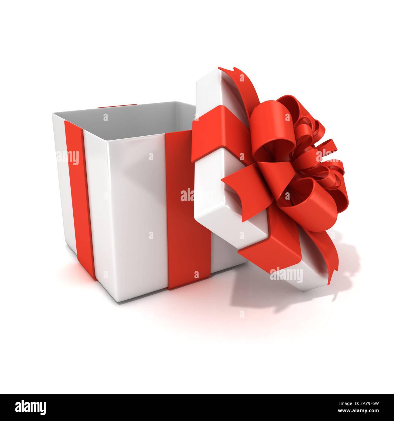 Offenen, leeren, weißen Geschenkbox mit roter Schleife, 3D Stockfoto