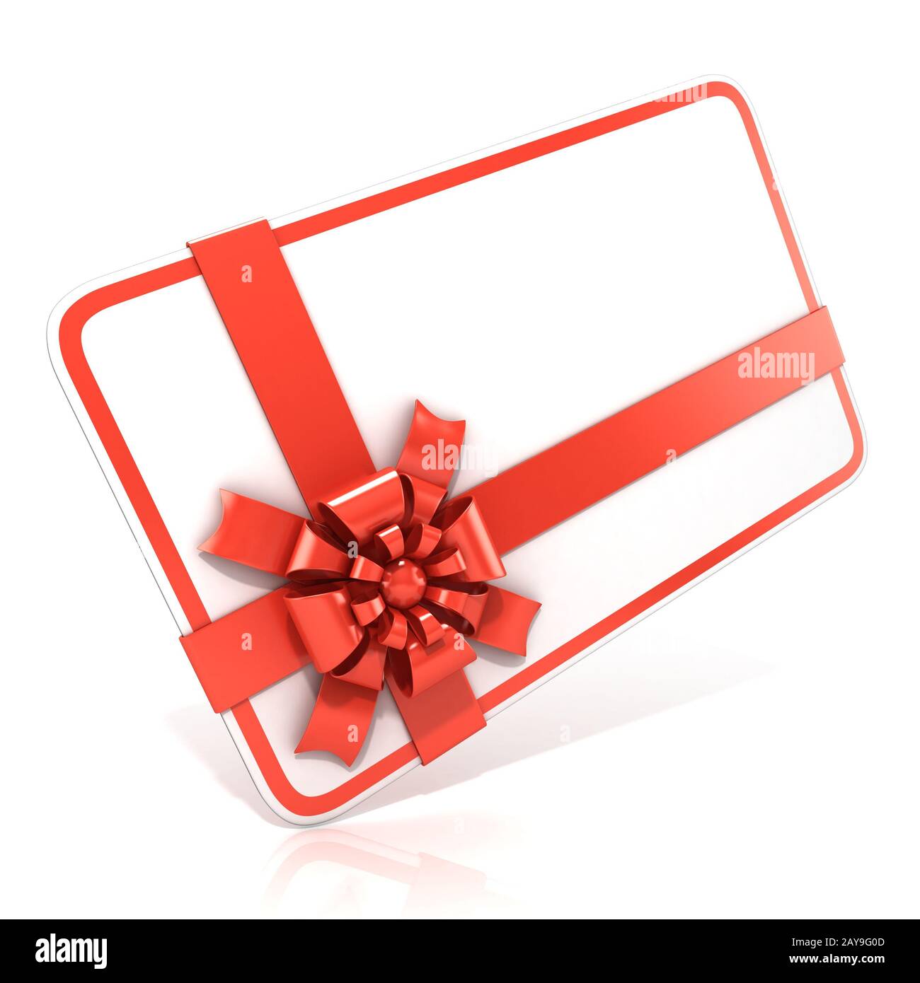 Weiße leere Geschenkkarte, mit rotem Band. 3D Stockfoto