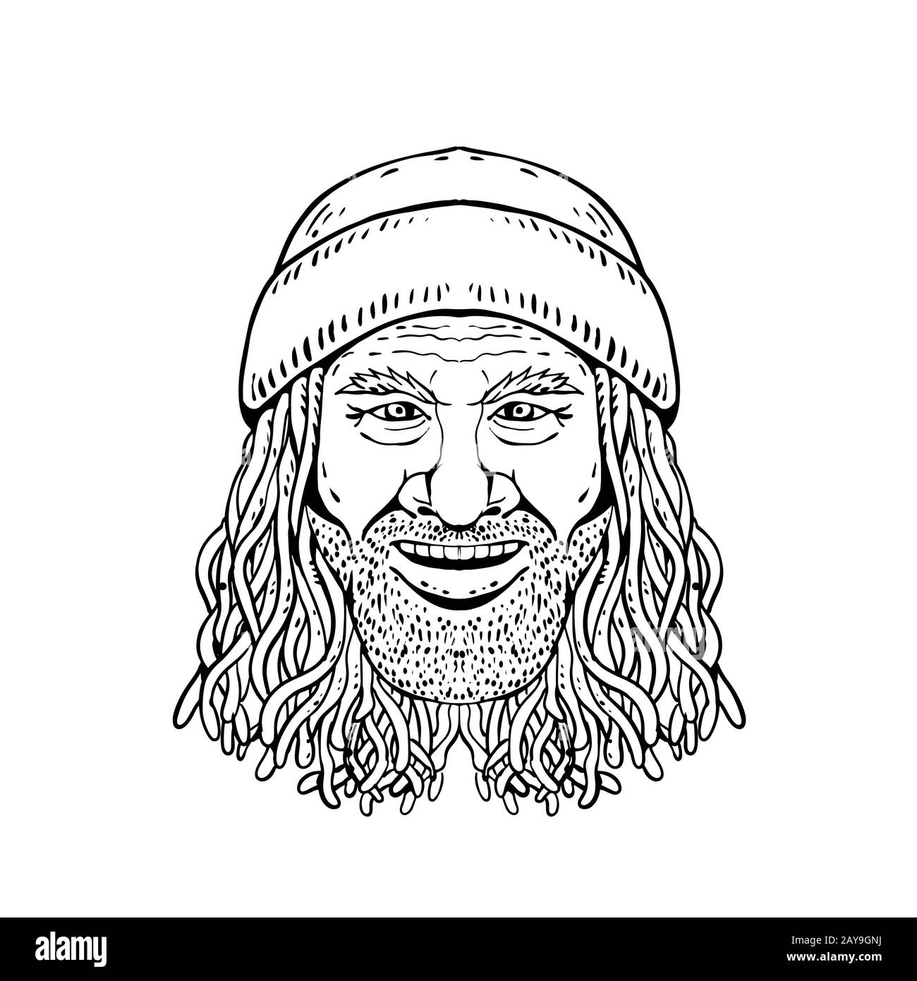 Rastafarian Dude Head Front Zeichnung Schwarzweiß Stockfoto