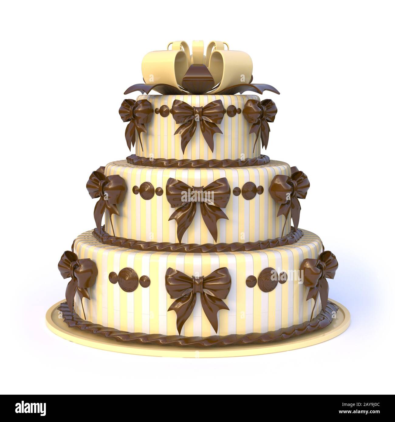 Drei Etagen gelber Kuchen mit Bandbögen. 3D Stockfoto