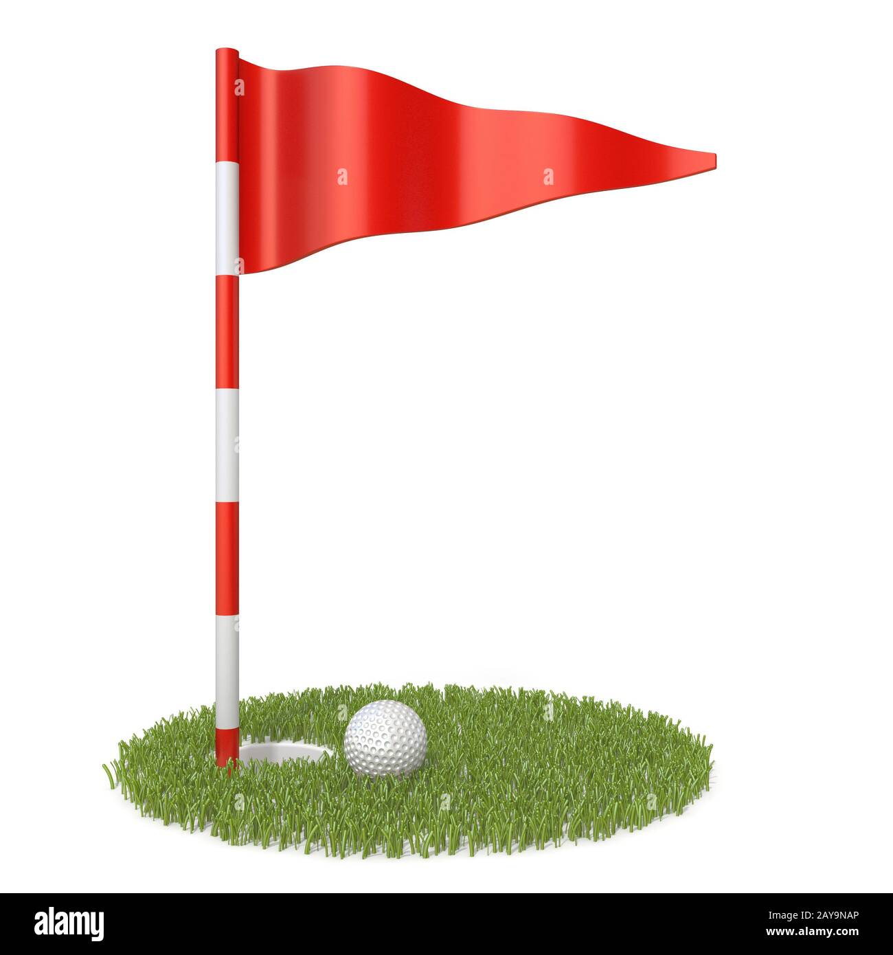 Rote Golffahne, Golfball und Rasenloch 3D Stockfoto