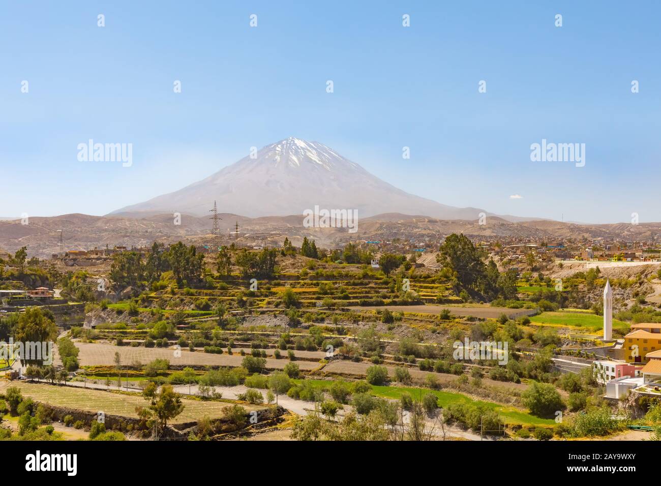 Panoramablick auf den Vulkan Misti und die Stadt Arequipa Peru Stockfoto