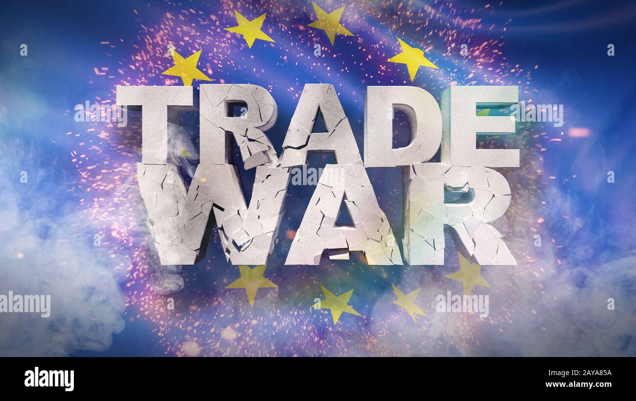 Handelskrieg Konzept. Risse im Text auf der Flagge der Europäischen Union. 3D-Darstellung. Stockfoto