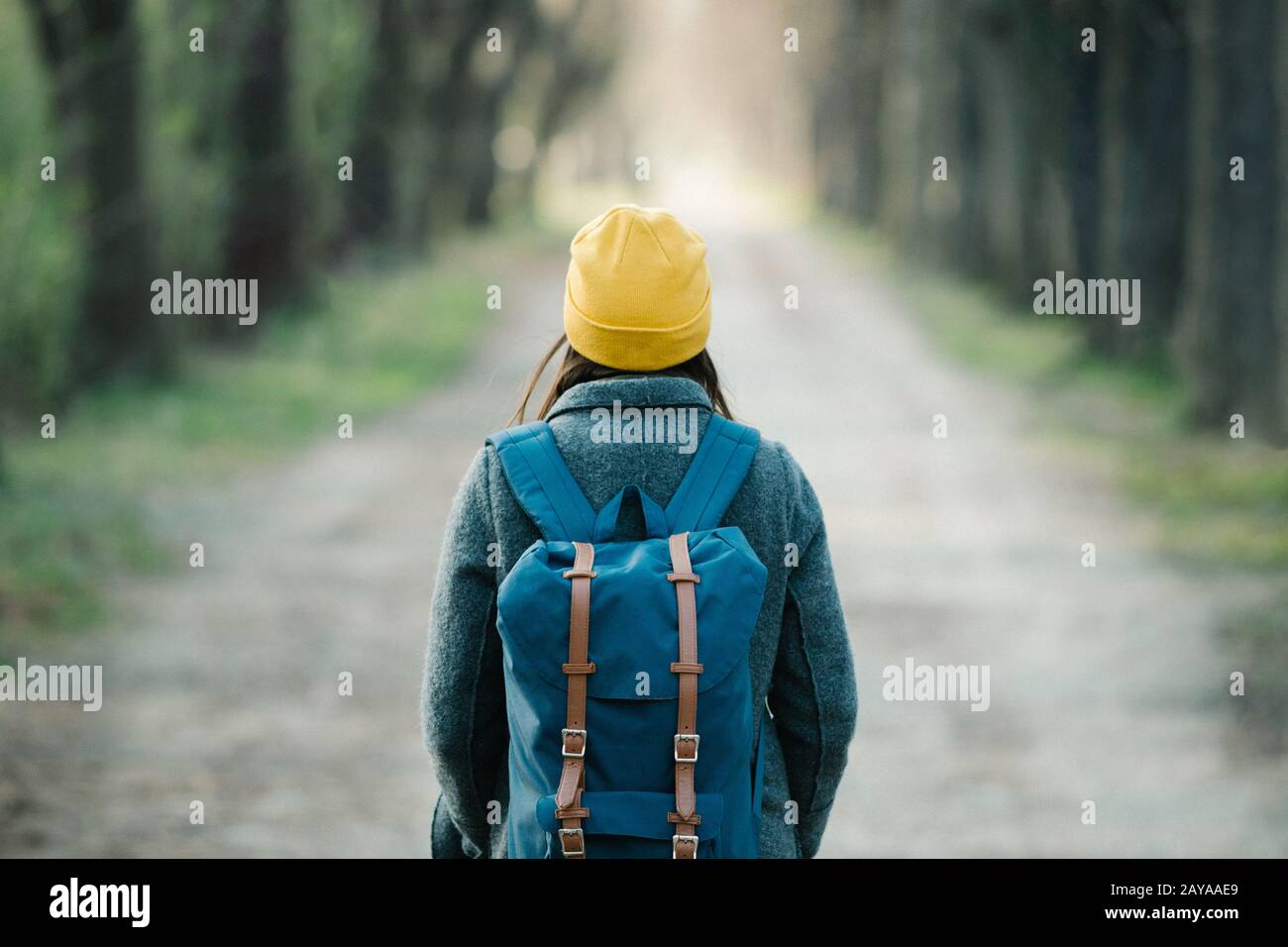Junge Frau, die auf ihrer Reise auf einer Allee spazieren geht. Stockfoto