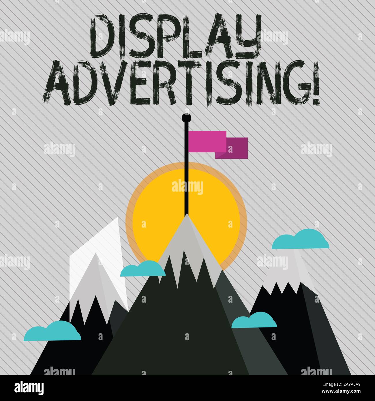 Textzeichen mit Anzeige der Werbung. Konzeptionelle Foto-online-Werbung, die in der Regel ein gestaltetes Bild drei hohen Mountai Stockfoto