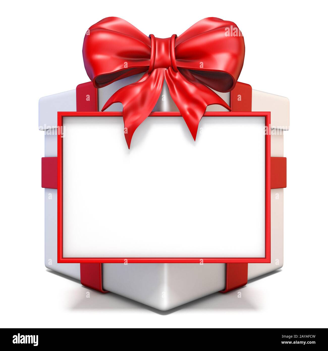 Weiße Geschenkbox mit rotem Band und leerem Board 3D Stockfoto