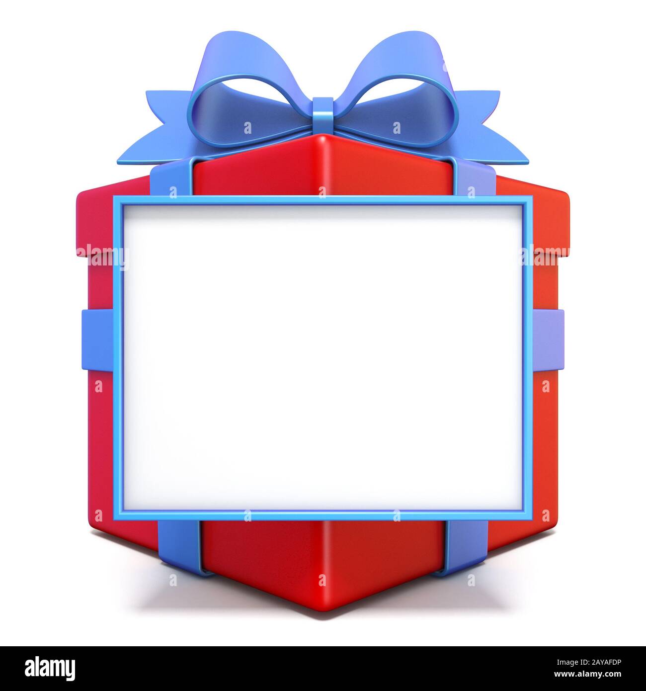 Roter Geschenkkasten mit blauem Band und leerem Brett 3D Stockfoto