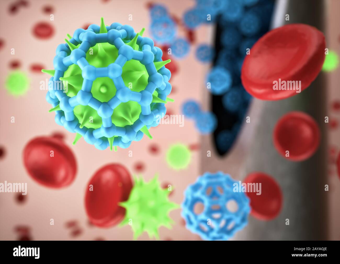 Injektion von antiviralem Virus gegen den Angriff von Viren in den Blutkreislauf. Konzeptbild von Wissenschaft und Technik, Weiterentwicklung von Medizin und Labor Stockfoto