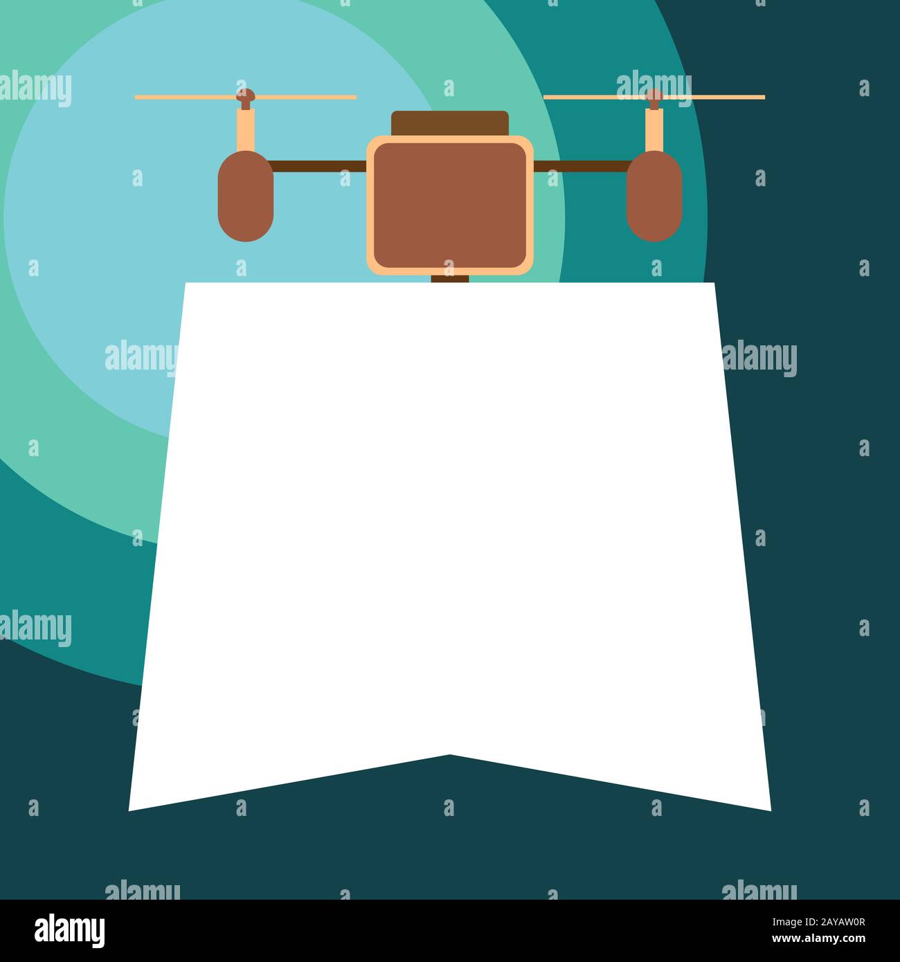 Schließen Sie die vordere Drohne, die den geometrischen Hintergrund des Banners nach unten hält. Promotionprodukte, Merchandises, Services, Restaurant Stockfoto