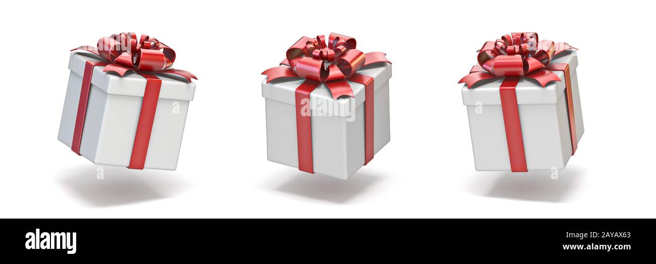 Cube weiße Geschenkschachteln mit rotem Band 3D Stockfoto