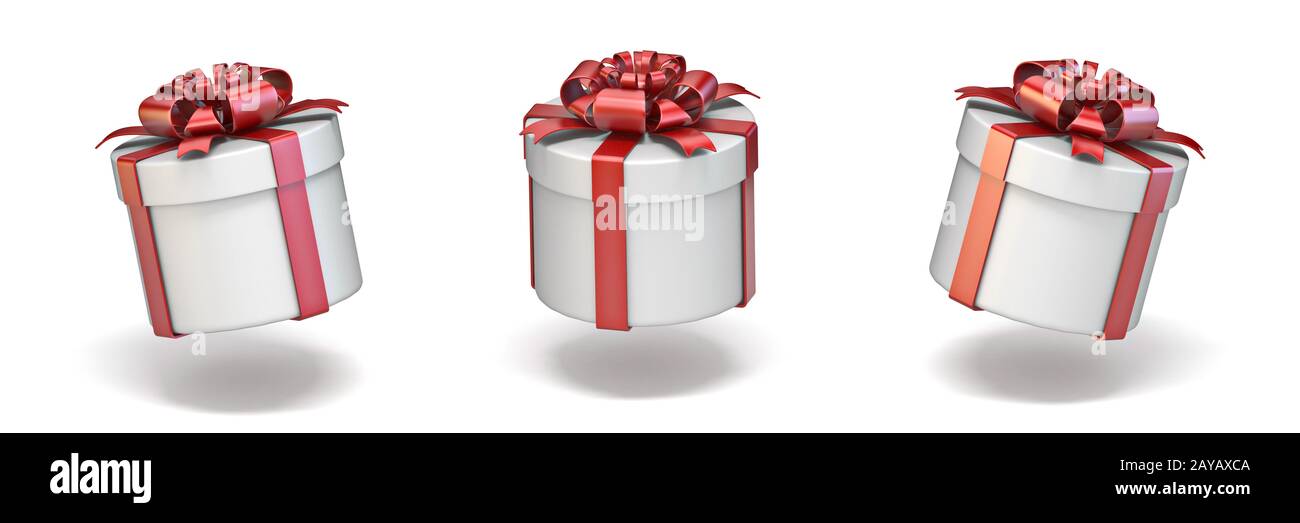 Weiße Geschenkschachteln mit rotem Band 3D Stockfoto