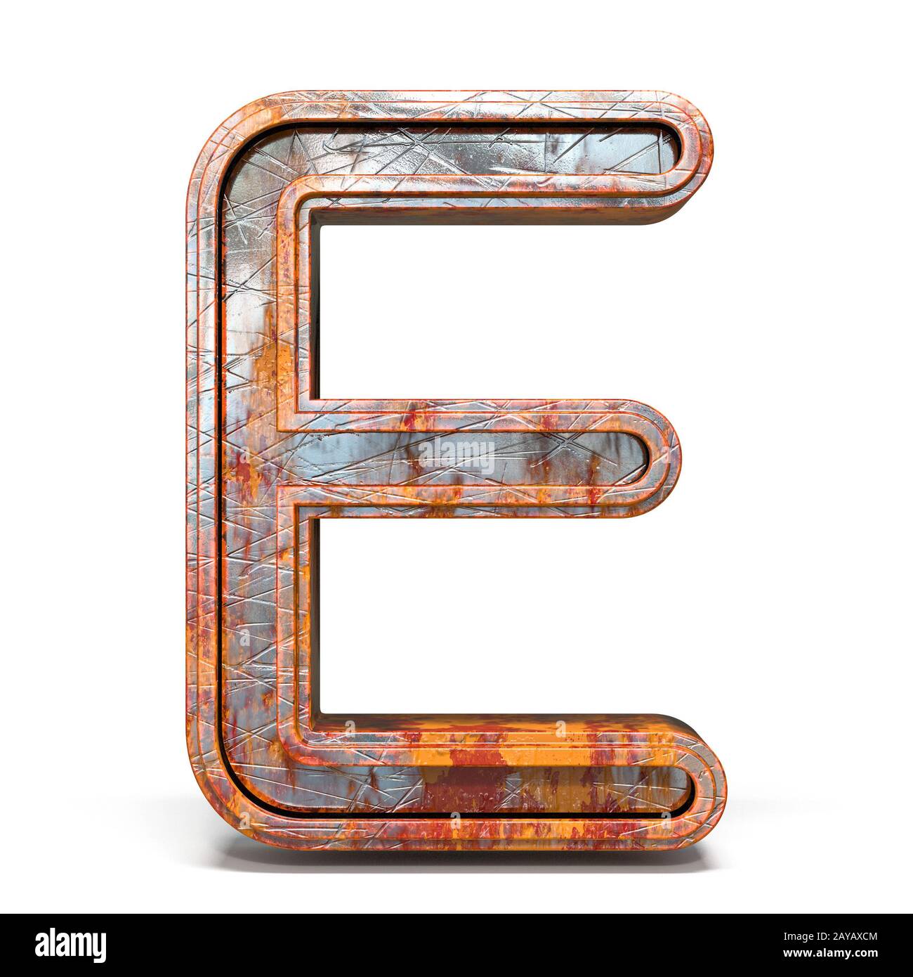 Rostige Metallschrift Buchstabe E 3D Stockfoto