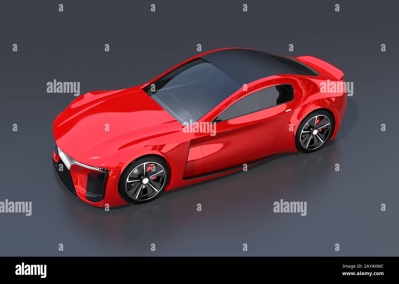 Elektrisches Sportcoupé mit Metallic-Rot-Farbe auf schwarzem Hintergrund. 3D-Rendering-Bild. Stockfoto