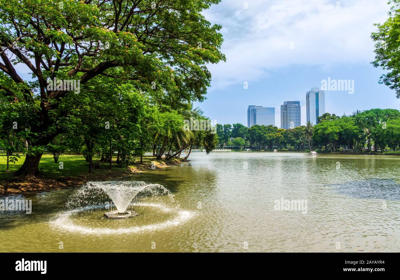 Ein Teich mit Springbrunnen, Blick auf die Wolkenkratzer von Bangkok vom Stadtpark Stockfoto