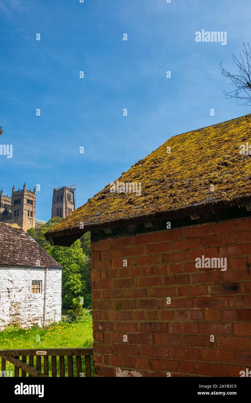 Traditionelle Gebäude und die Durham Cathedral im Hintergrund in Durham, Großbritannien Stockfoto