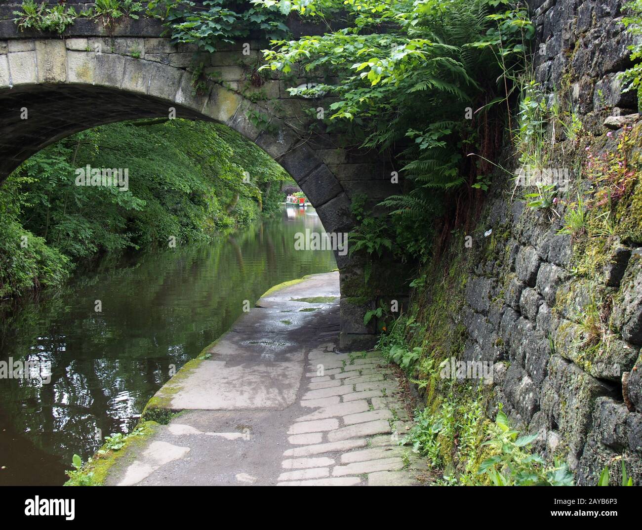 Ein Weg entlang des rochdale Kanalübergangs unter einer alten Steinbrücke, überwuchert mit Vegetation mit Bäumen und einem schmalen Boot im Stockfoto