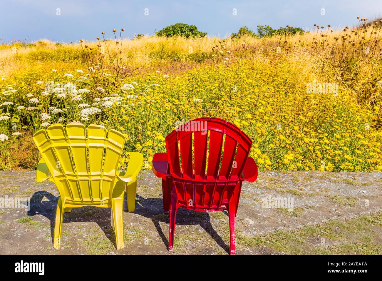 Rote und gelbe Sessel stehen im Park Stockfoto