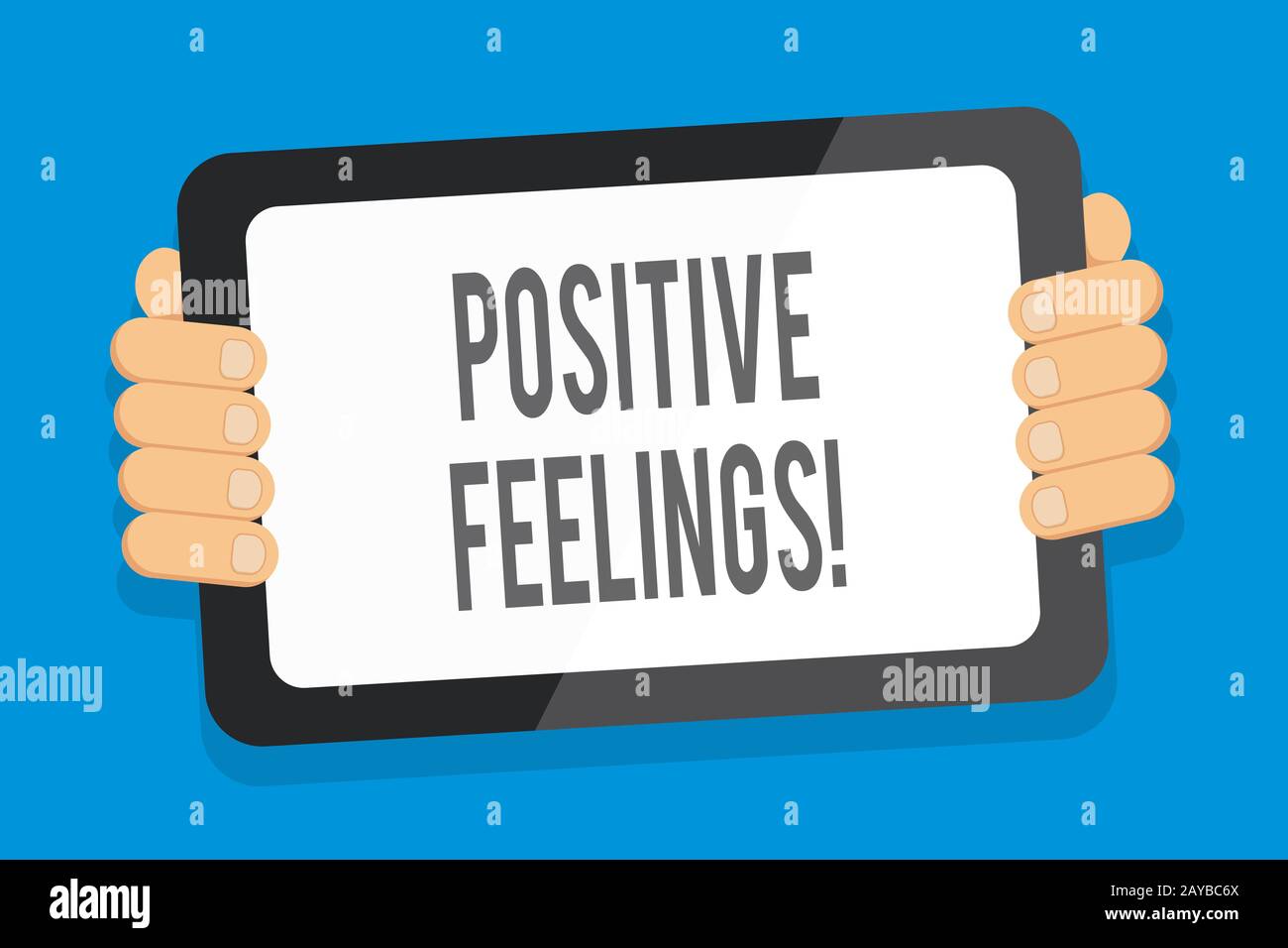 Positive Gefühle beim Schreiben von Wörtern. Geschäftskonzept für jedes Gefühl, bei dem es an Negativität oder Traurigkeit an Farbtabelle mangelt Stockfoto