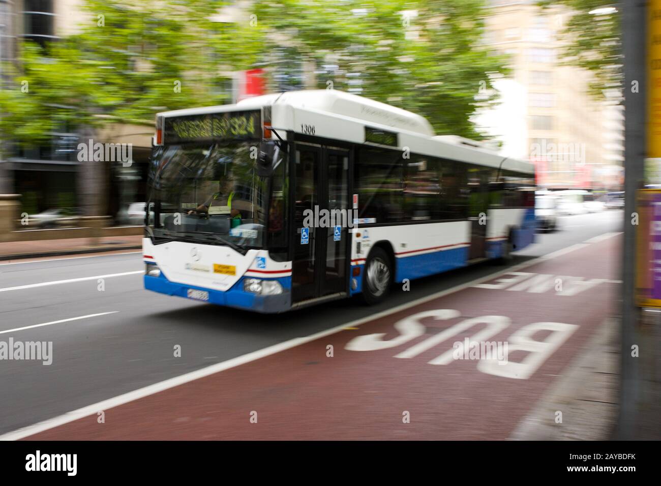 Ein Sydney Bus in Fahrt in Sydney CBD. Stockfoto