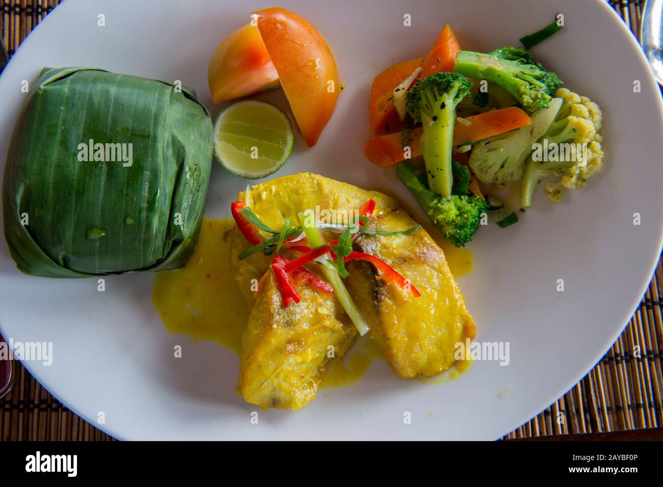 Indonesische Küche in einem Restaurant Castle in Yogyakarta in Java in Indonesien. Stockfoto