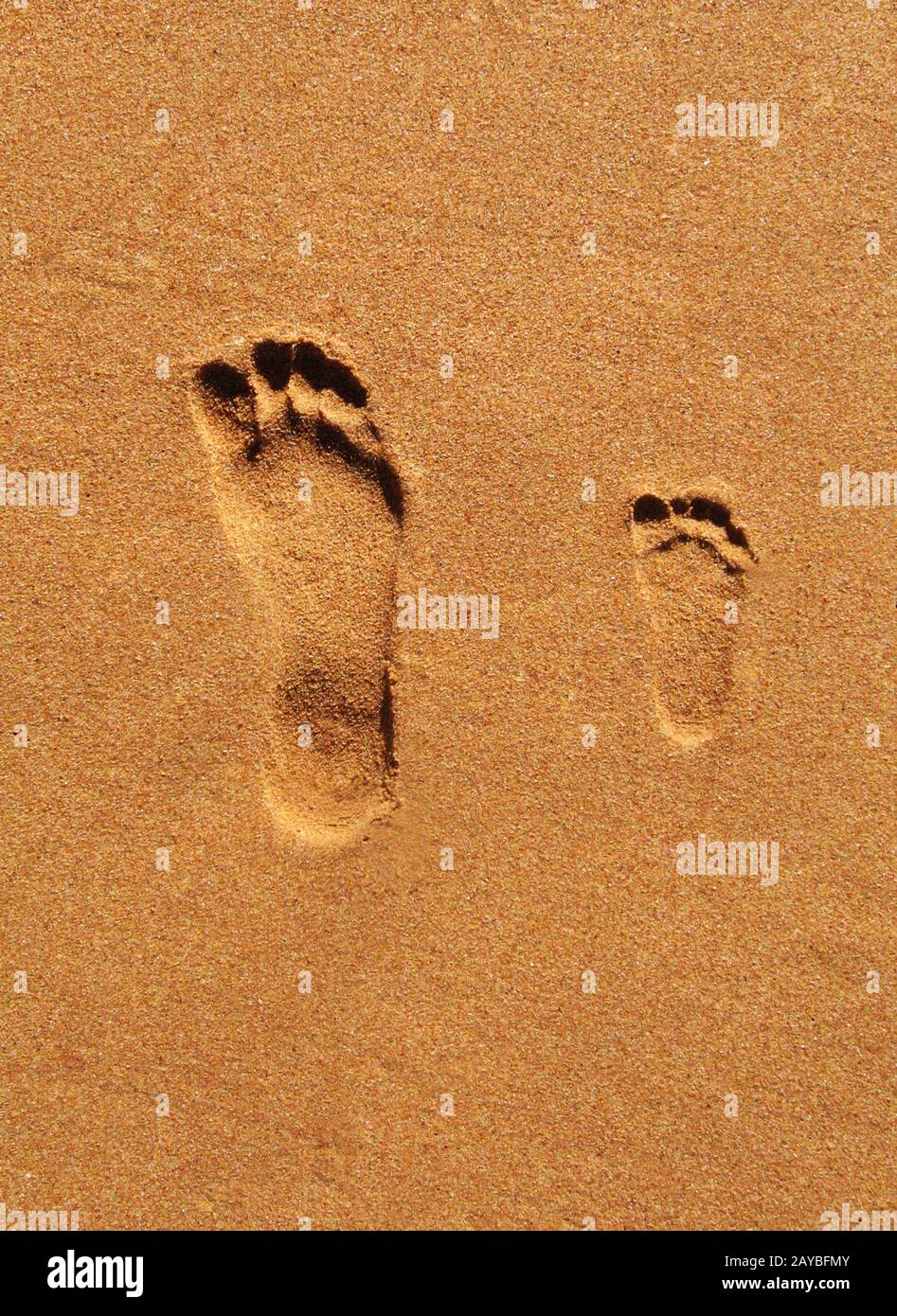 Fußabdrücke von Vater und Baby am Strand. Stockfoto